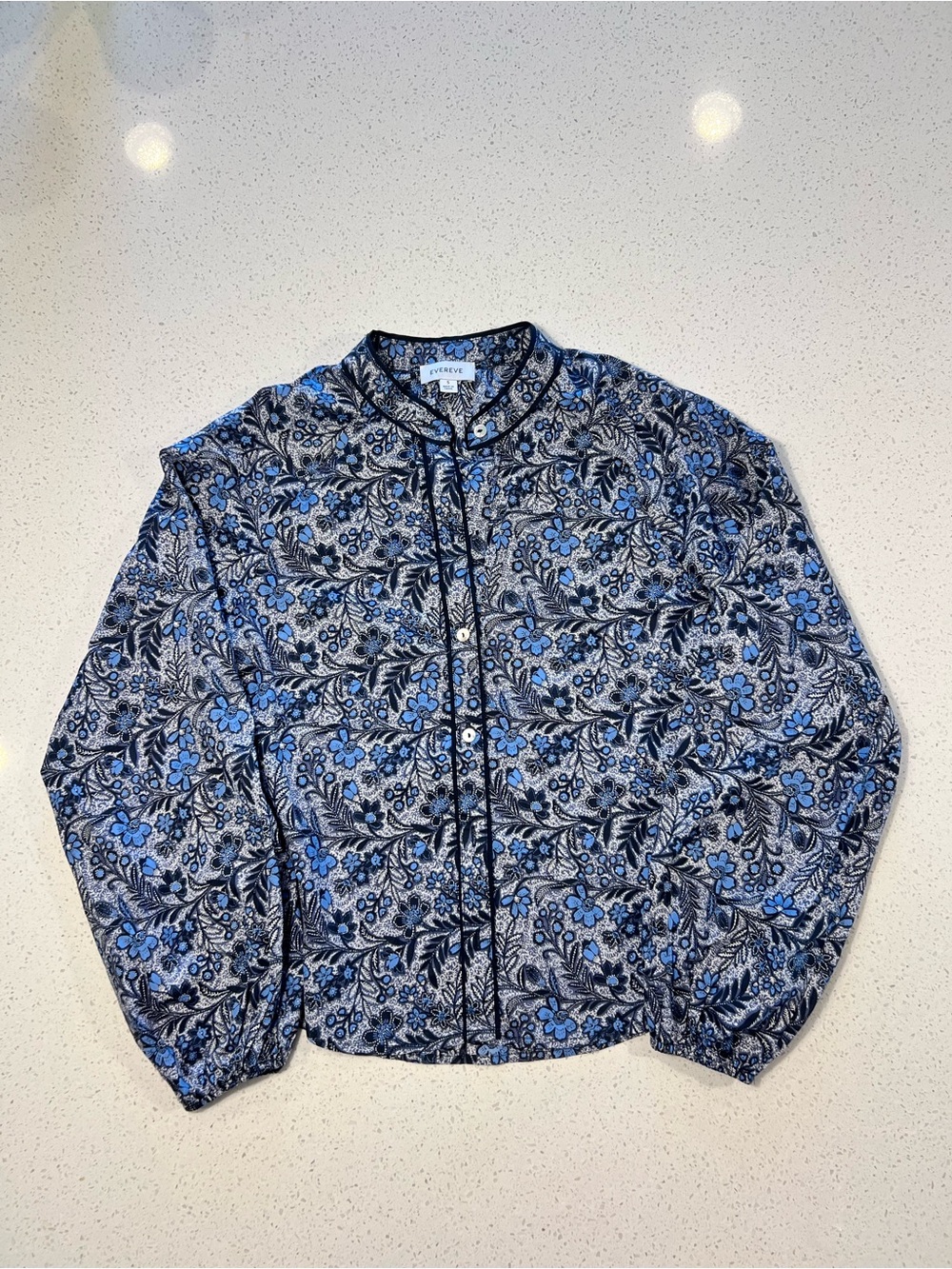 EVEREVE Blue Floral Cotton Balloon Sleeve Button Up Blouse Top Small S